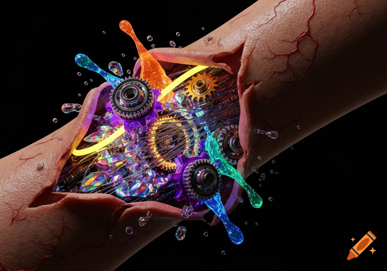 Hyper-realistic 3D render of a wrist with torn skin revealing vibrant mechanical gears, glowing liquid, and iridescent crystals.