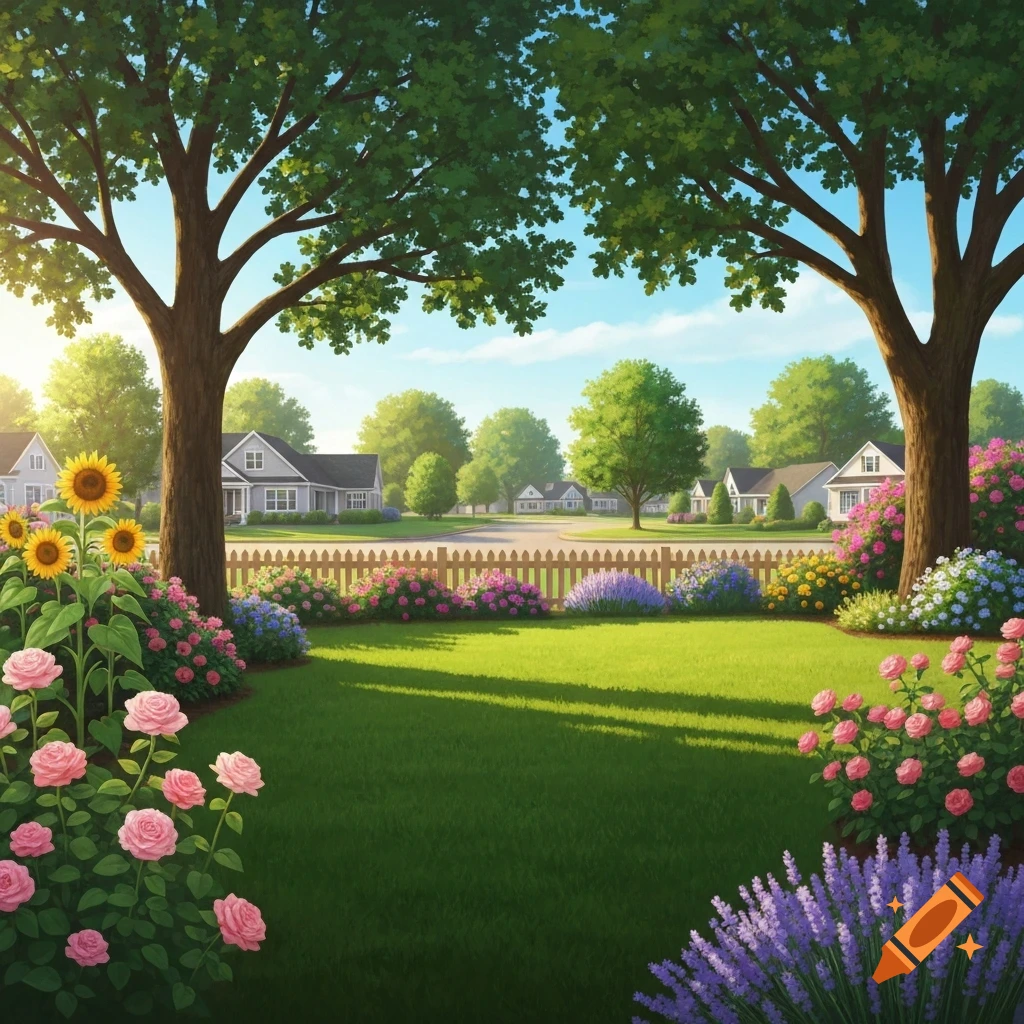A sunny backyard with green grass, large trees, vibrant flowers including sunflowers and roses, a picket fence, and suburban houses under a blue sky.