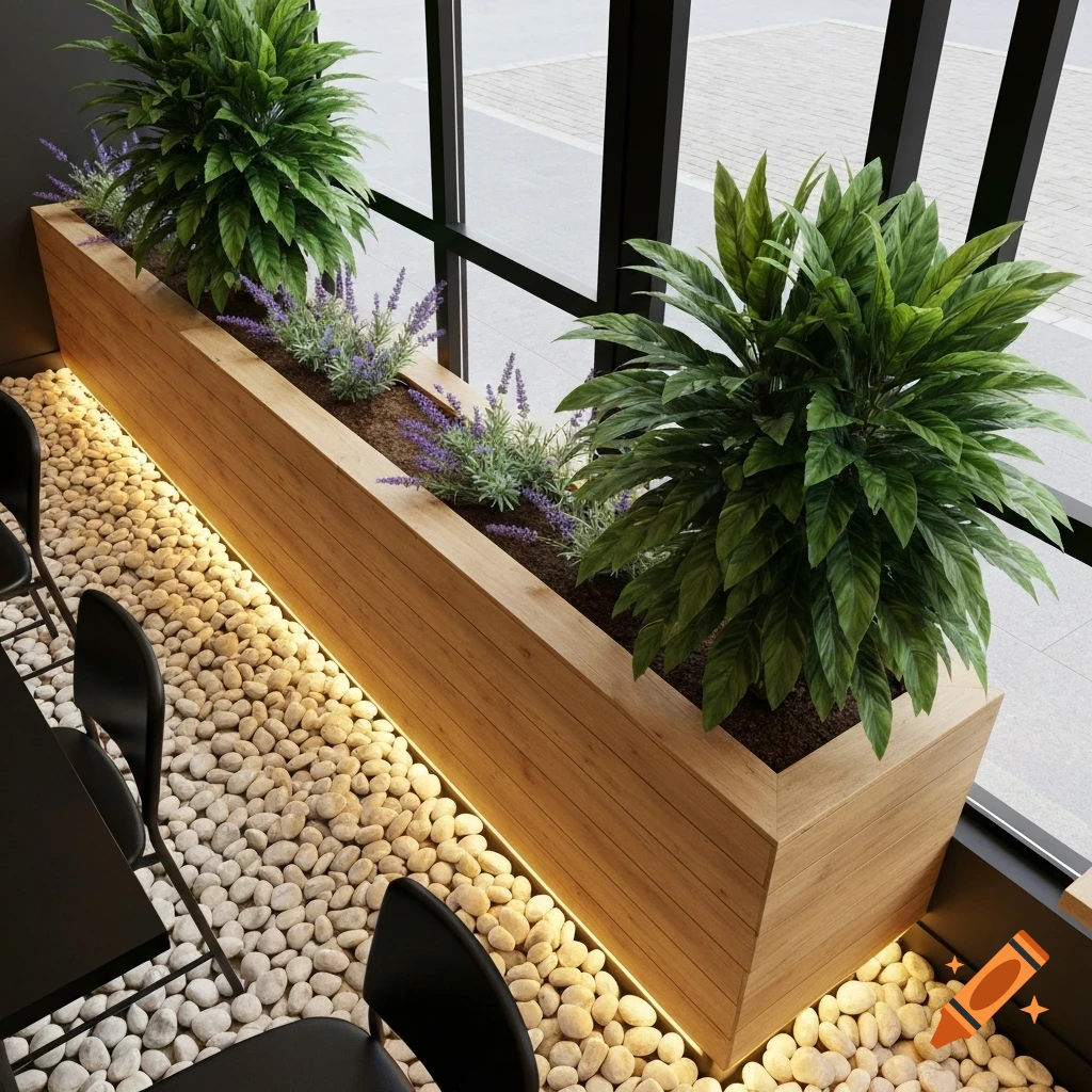 A modern cafe interior features a long wooden planter with green plants and lavender, bordered by white river stones with warm LED lighting.