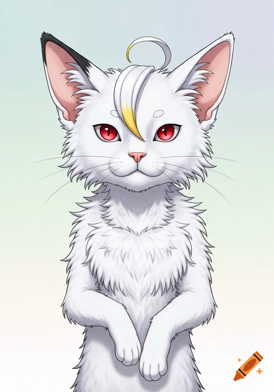 An anthropomorphic white manga cat with red eyes and a yellow-tipped tuft of hair, standing with crossed paws.