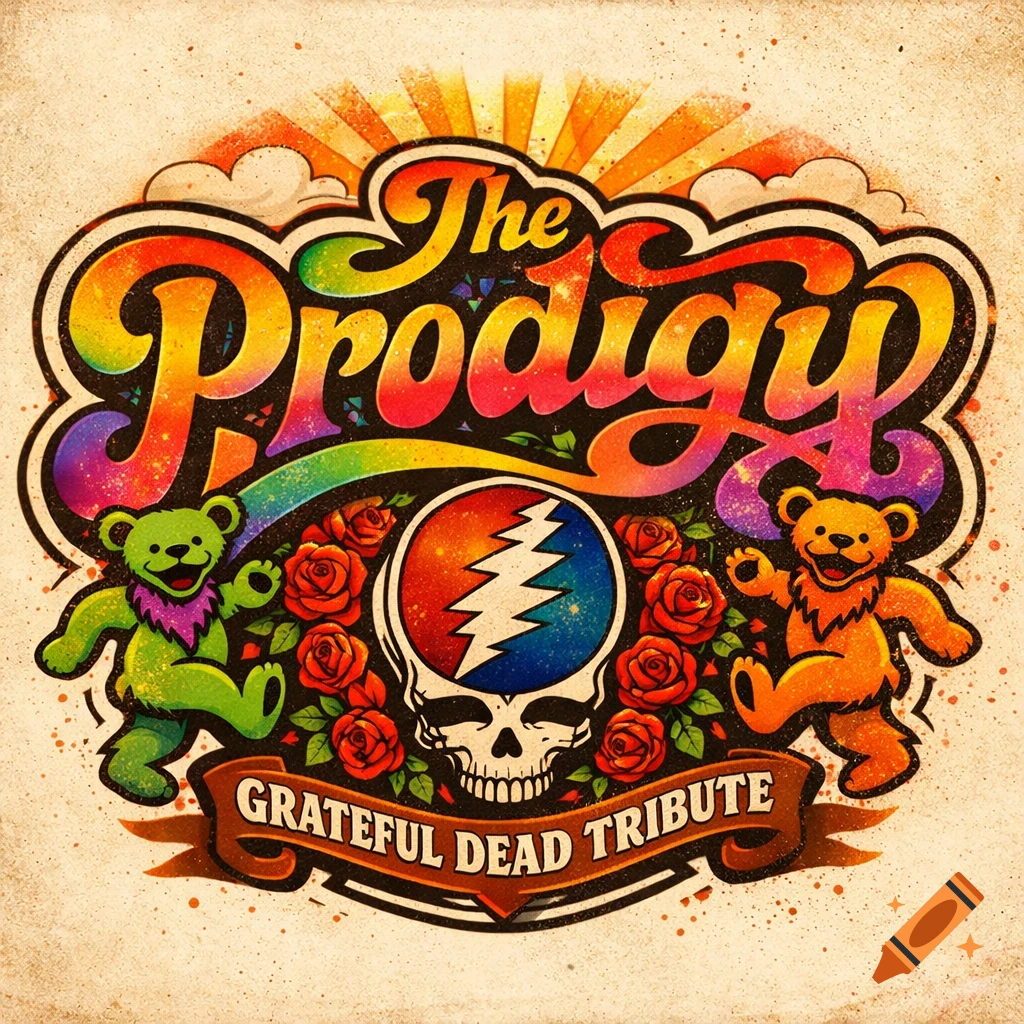 A colorful 70s-style logo for a Grateful Dead tribute band named The Prodigy, featuring dancing bears, roses, and a skull with a lightning bolt.