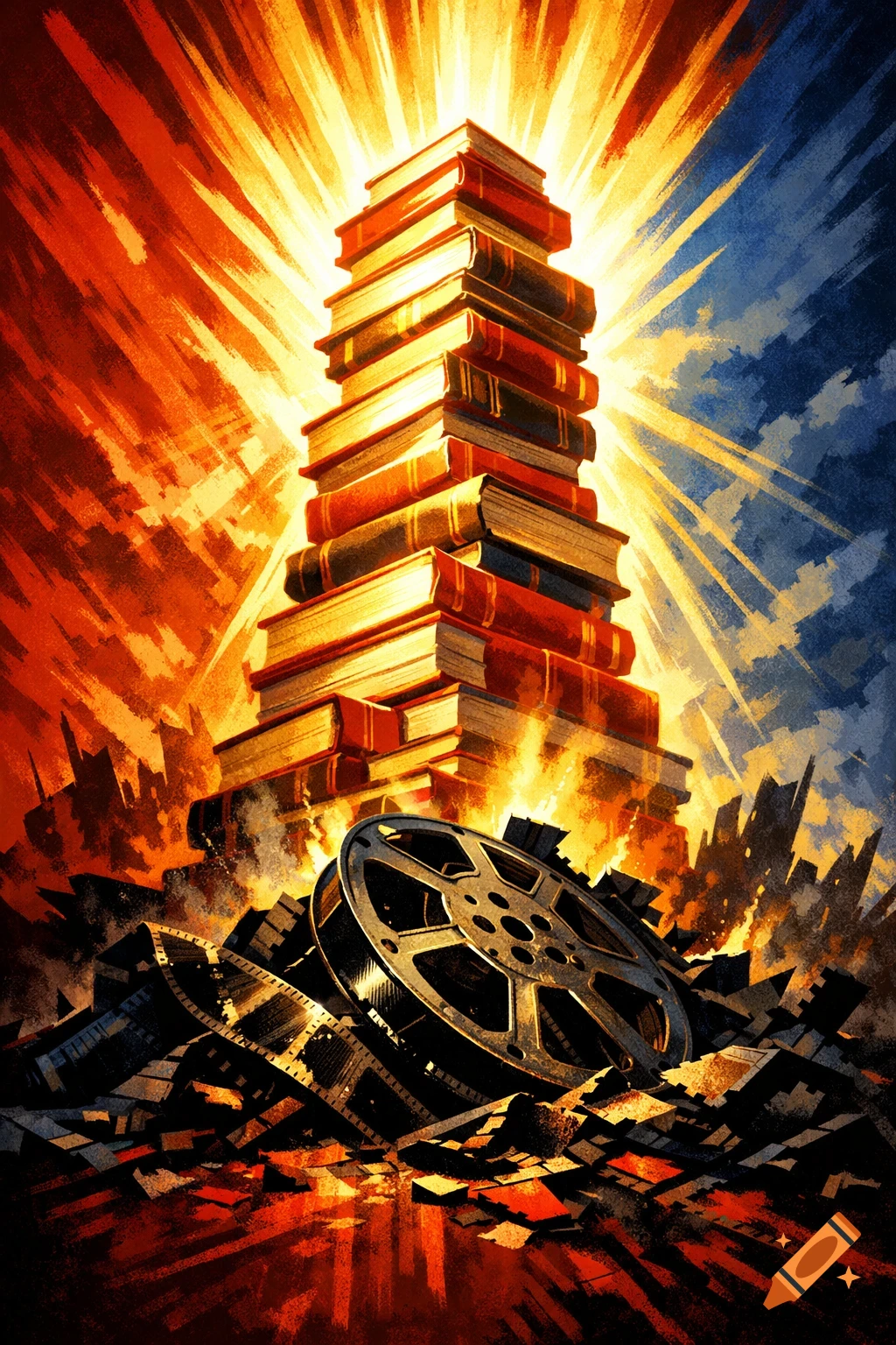 A glowing stack of books rising heroically, with a dark, broken film reel below, in a dramatic propaganda poster art style.
