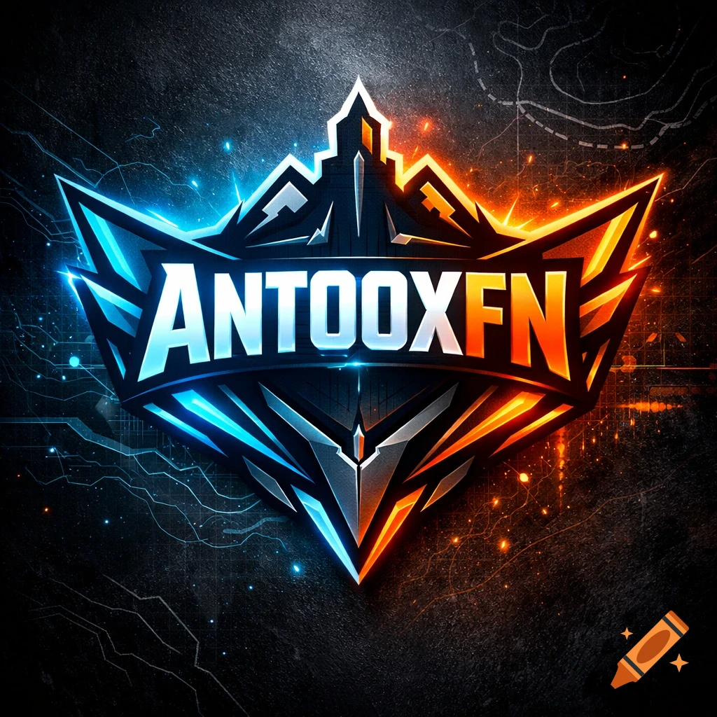 A stylized gaming logo with 'ANTOOXFN' in blue and orange, split across a shield design with a dark, textured background.