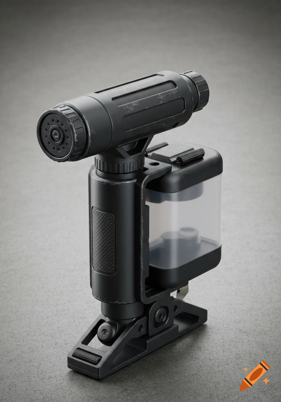 Photorealistic image of a tactical bidet, a black device with a nozzle, grip, and transparent reservoir, resting on a gray surface.