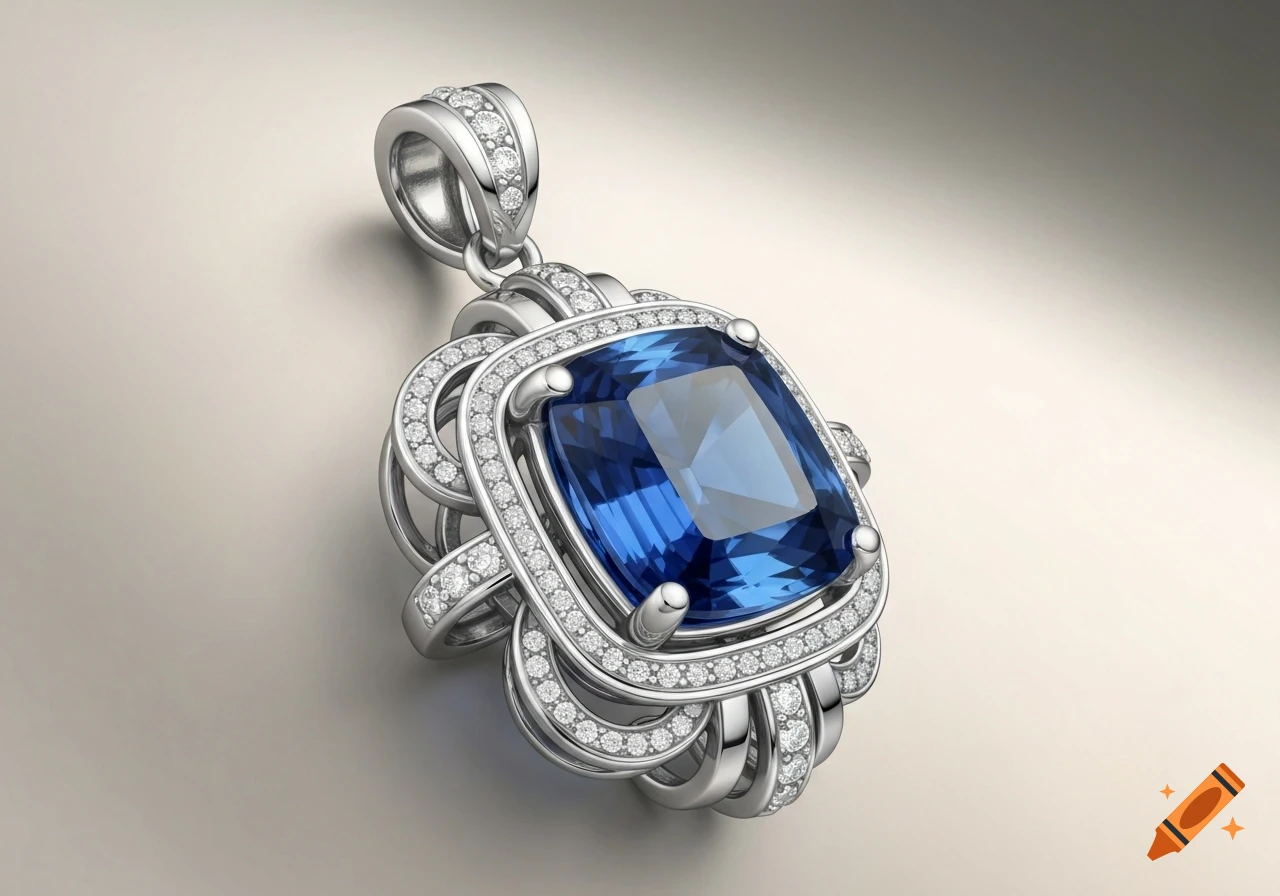 A fashionable silver pendant featuring a large cushion-cut blue sapphire surrounded by numerous small diamonds.
