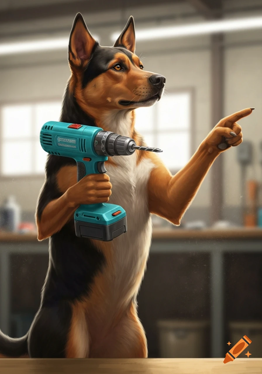 An anthropomorphic German Shepherd-like dog holds a teal power drill in one hand and points to the right with the other, standing in a workshop.
