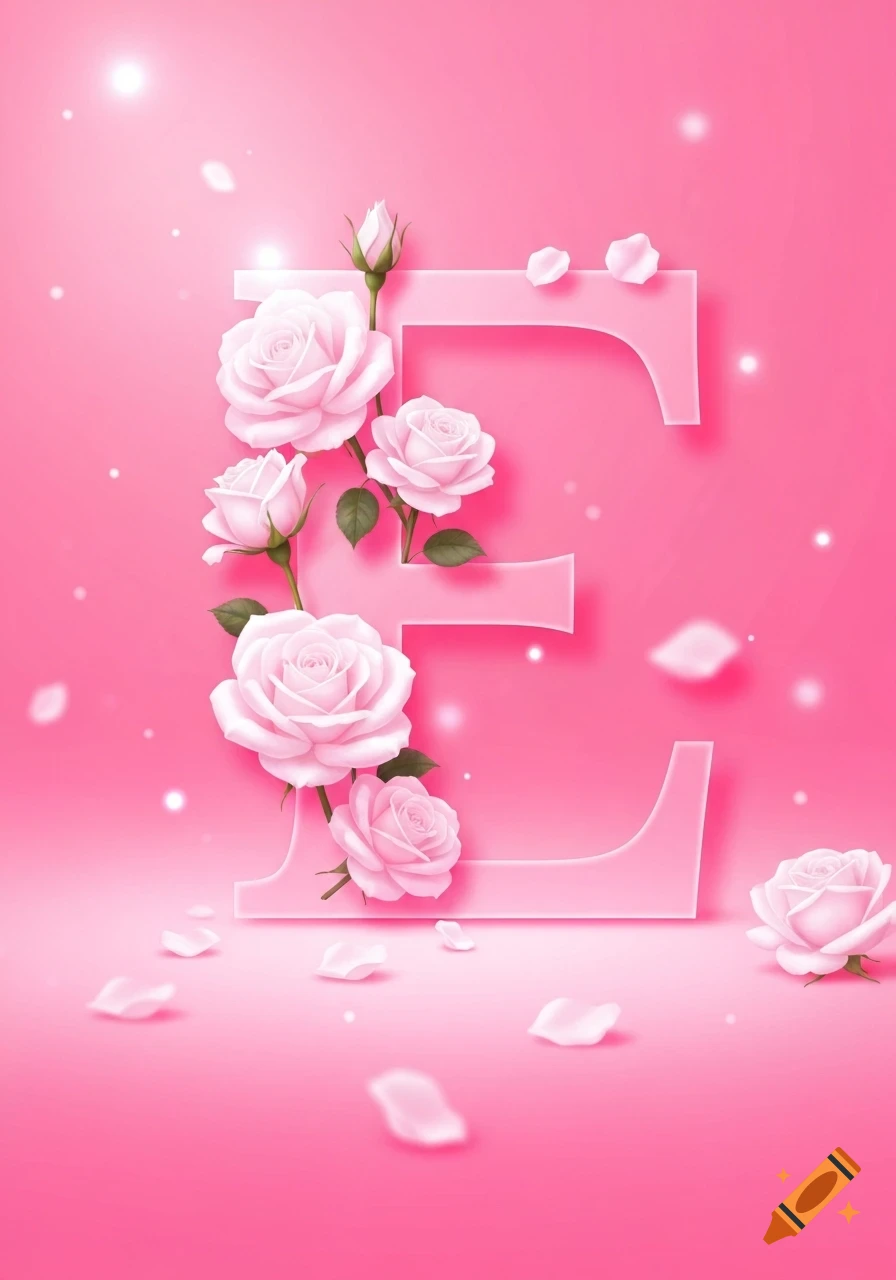 Stylized pink letter E decorated with light pink roses and rose petals on a bright pink background.