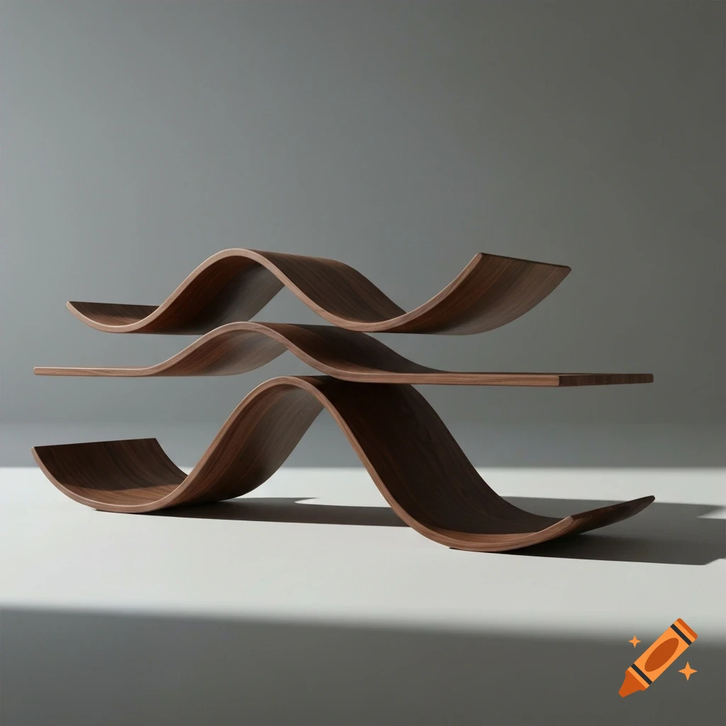 A modern minimalist bookshelf made of two wavy wooden pieces, against a light gray background.