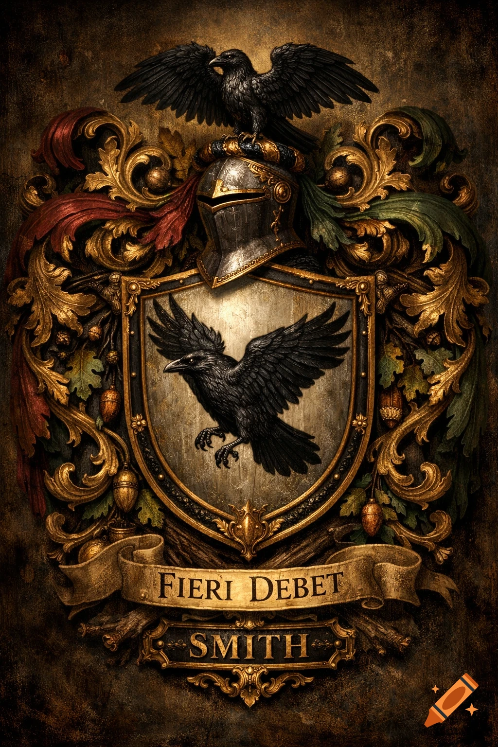 A dark, ornate medieval family crest featuring two black ravens, a knight's helmet, and banners reading "FIERI DEBET" and "SMITH".