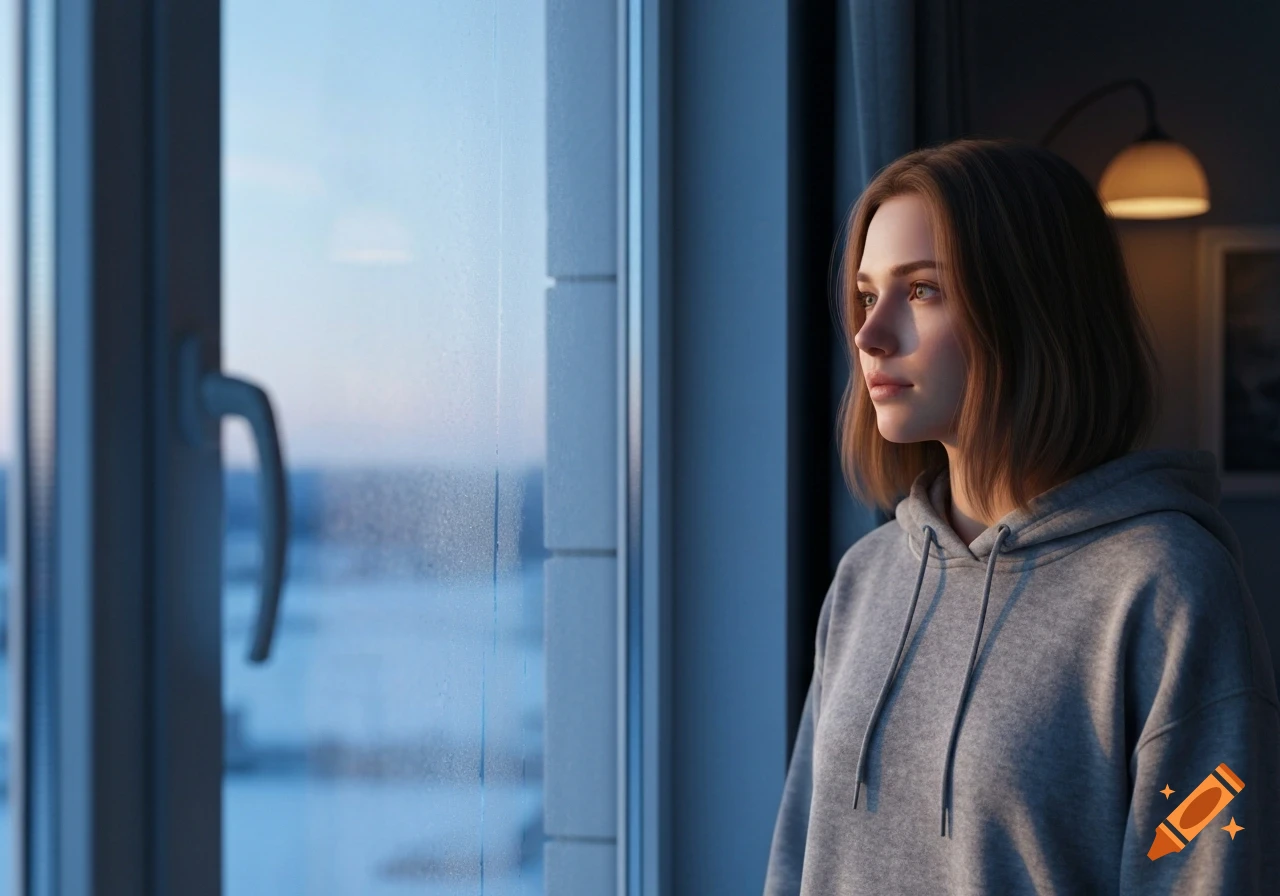 Young woman in a grey hoodie looks out a foggy window on a cold morning.