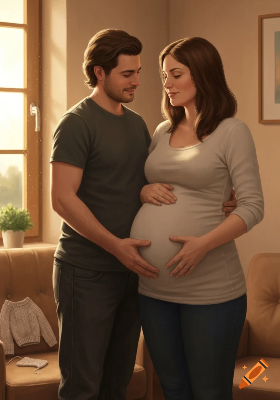 A man and a pregnant woman standing close, with his hands gently on her belly, looking at each other warmly in a sunlit room. A small knitted sweater rests on a chair nearby.