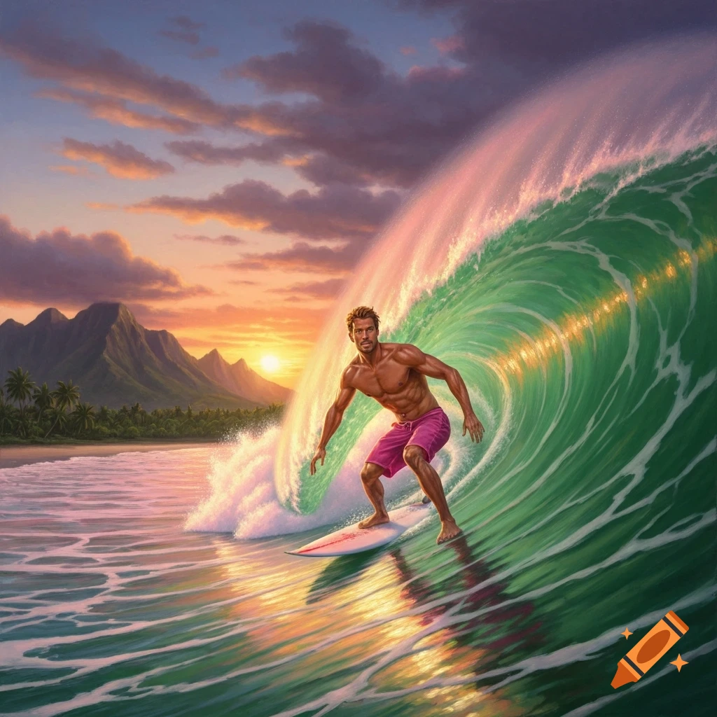 A shirtless man in pink shorts surfs a large green barrel wave at sunset, with a tropical beach and mountains in the background. Oil painting.
