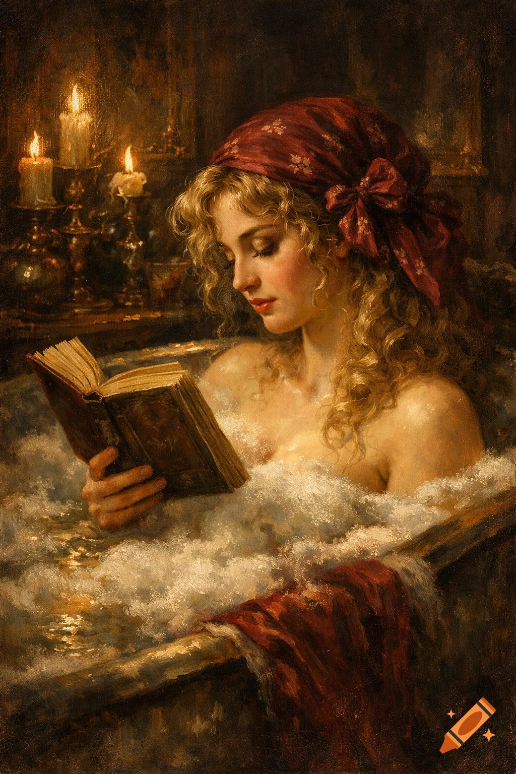 A woman with blonde curly hair and a red headscarf in a bubble bath, reading a book by candlelight in a Victorian painting style.