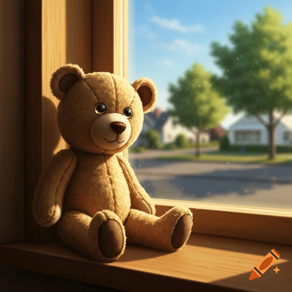 A plush brown teddy bear sits on a wooden windowsill, looking out at a sunny suburban street with trees and houses.