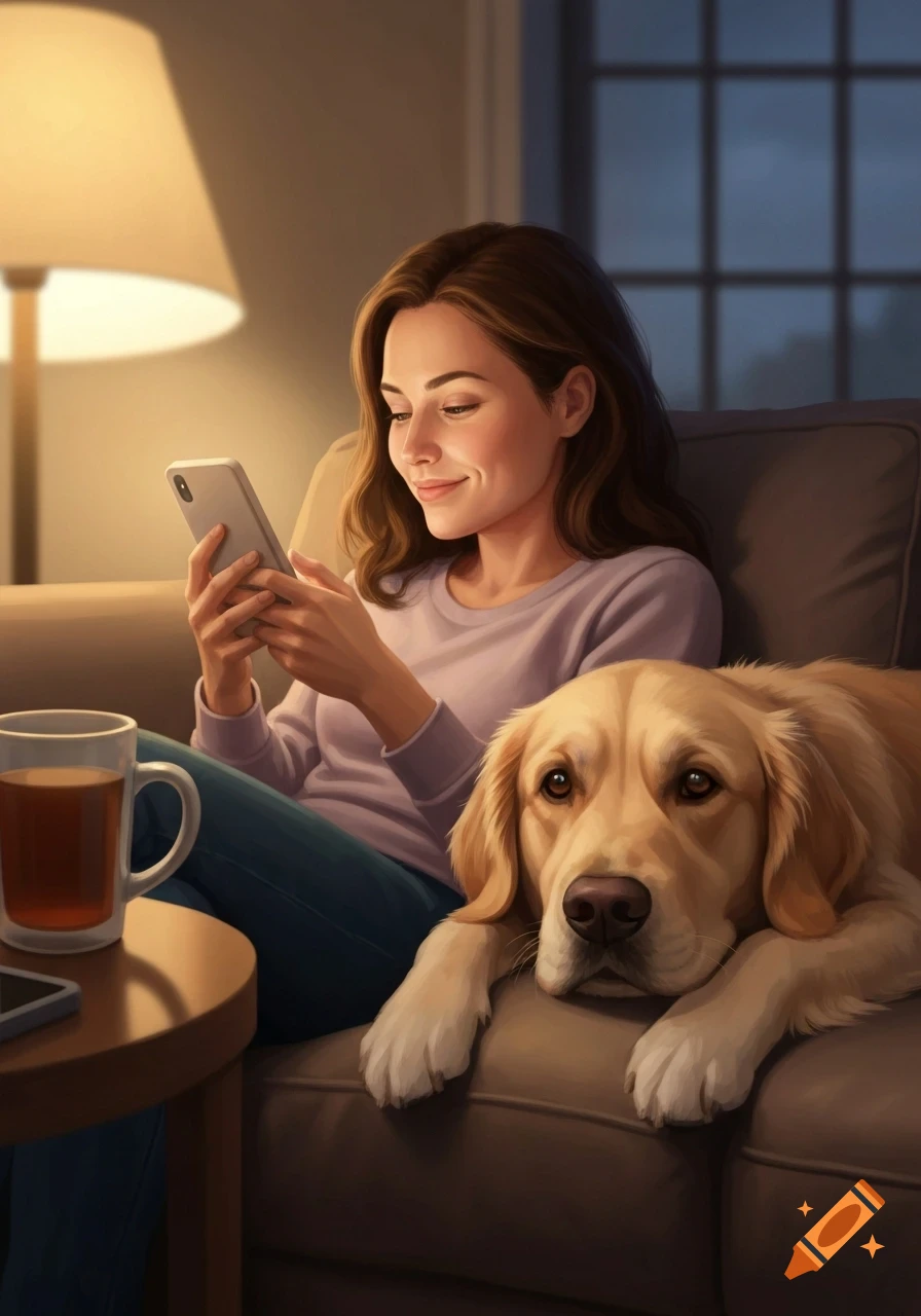 A smiling woman on a couch uses her phone while a golden retriever rests its head next to her.