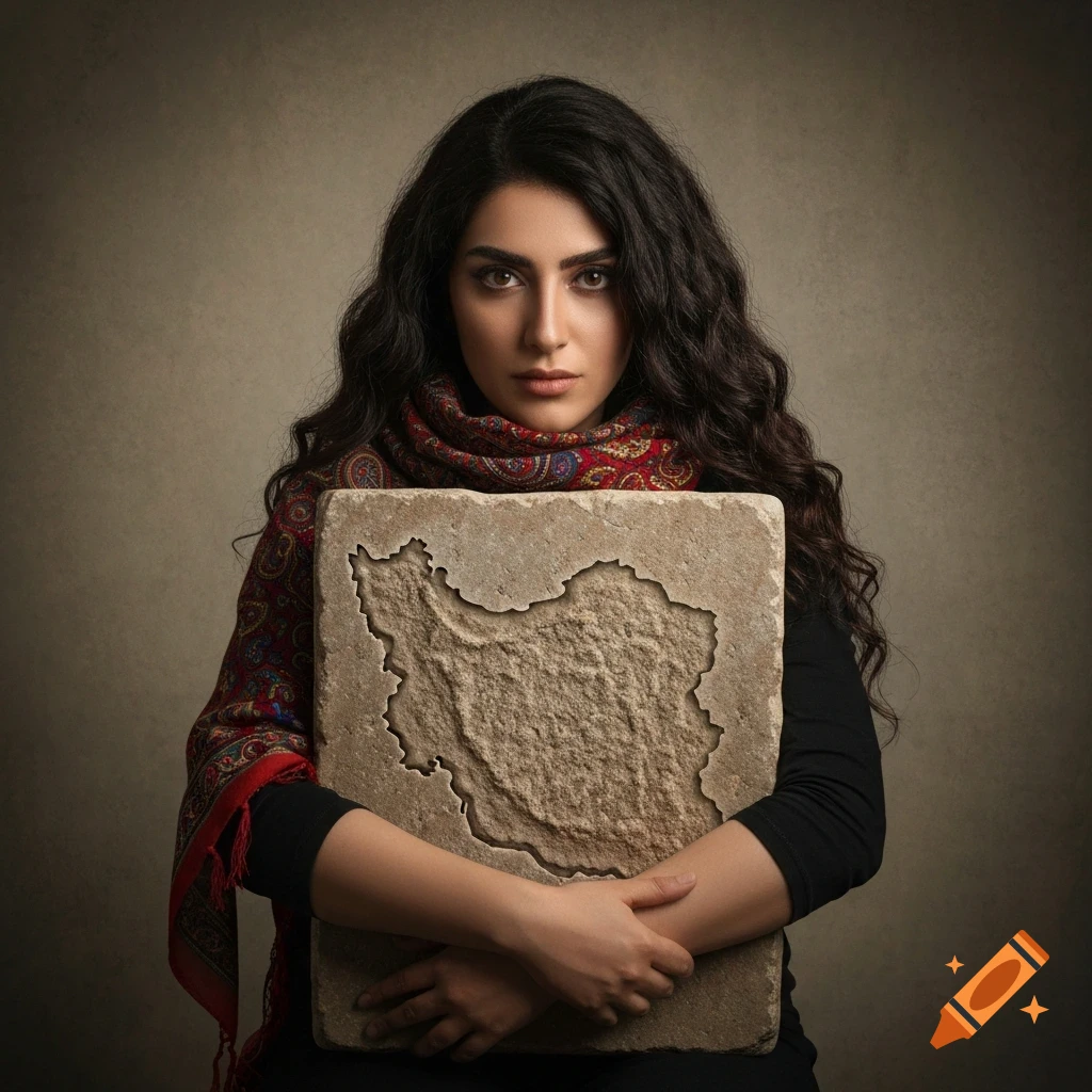 Photorealistic portrait of a serious Persian woman with dark wavy hair, wearing a patterned red scarf, holding a stone tablet carved in the shape of Iran.