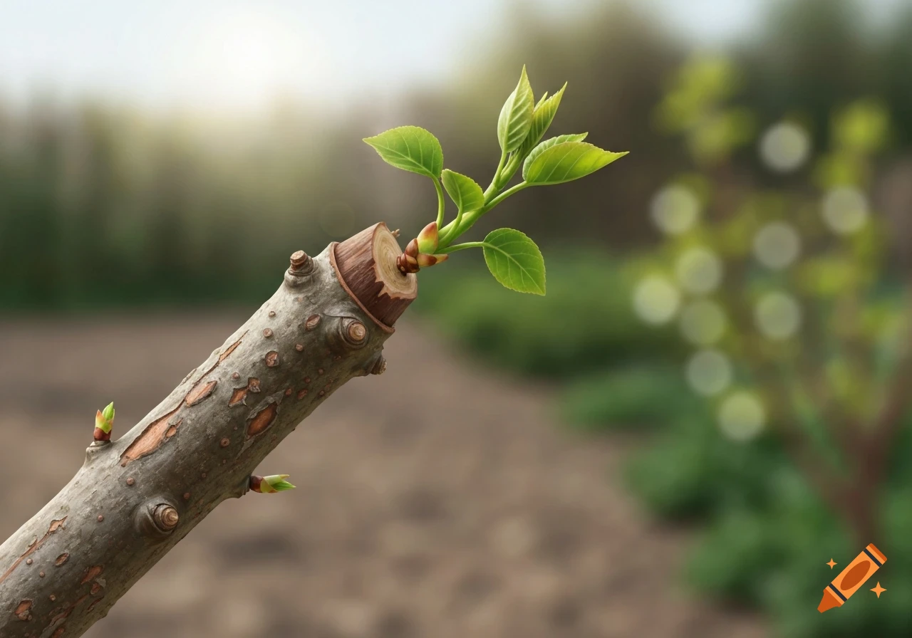 A close-up, photorealistic image of a cut tree branch with vibrant green new leaves and buds sprouting from the end and along the bark.