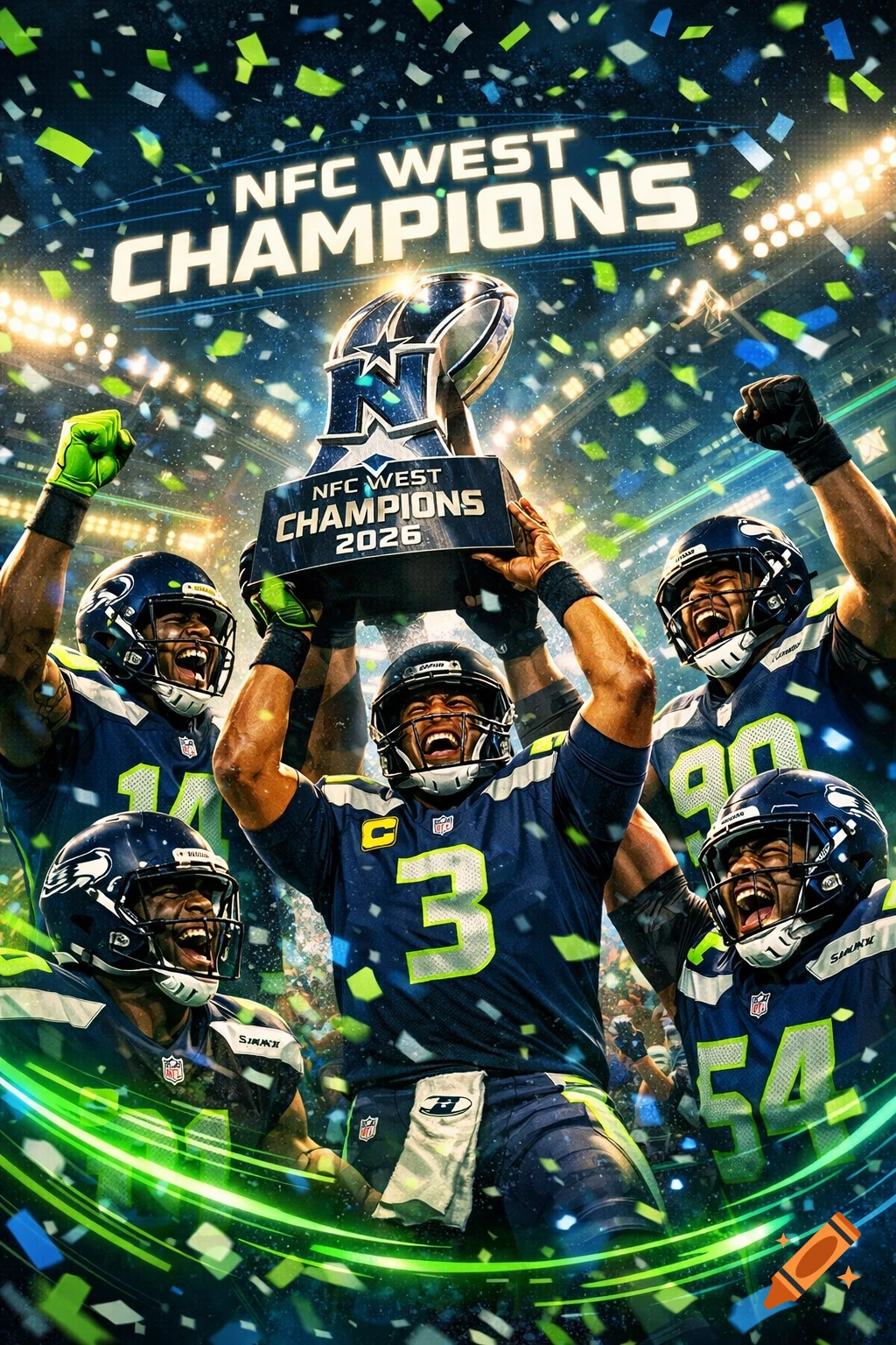 Dynamic, photorealistic image of Seattle Seahawks football players celebrating a championship with a trophy and confetti.