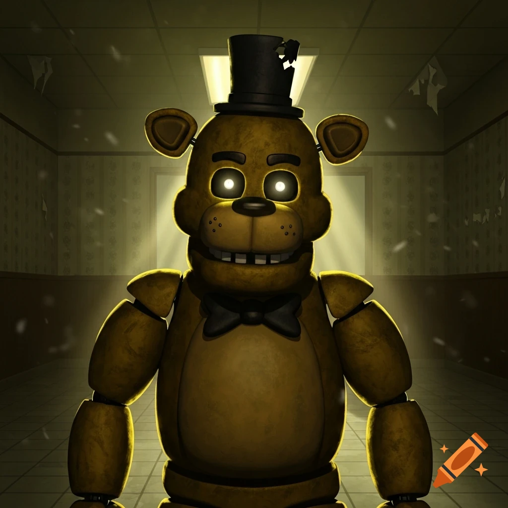 Golden Freddy, a golden animatronic bear with glowing white eyes and a damaged black top hat, stands in a dimly lit hallway.