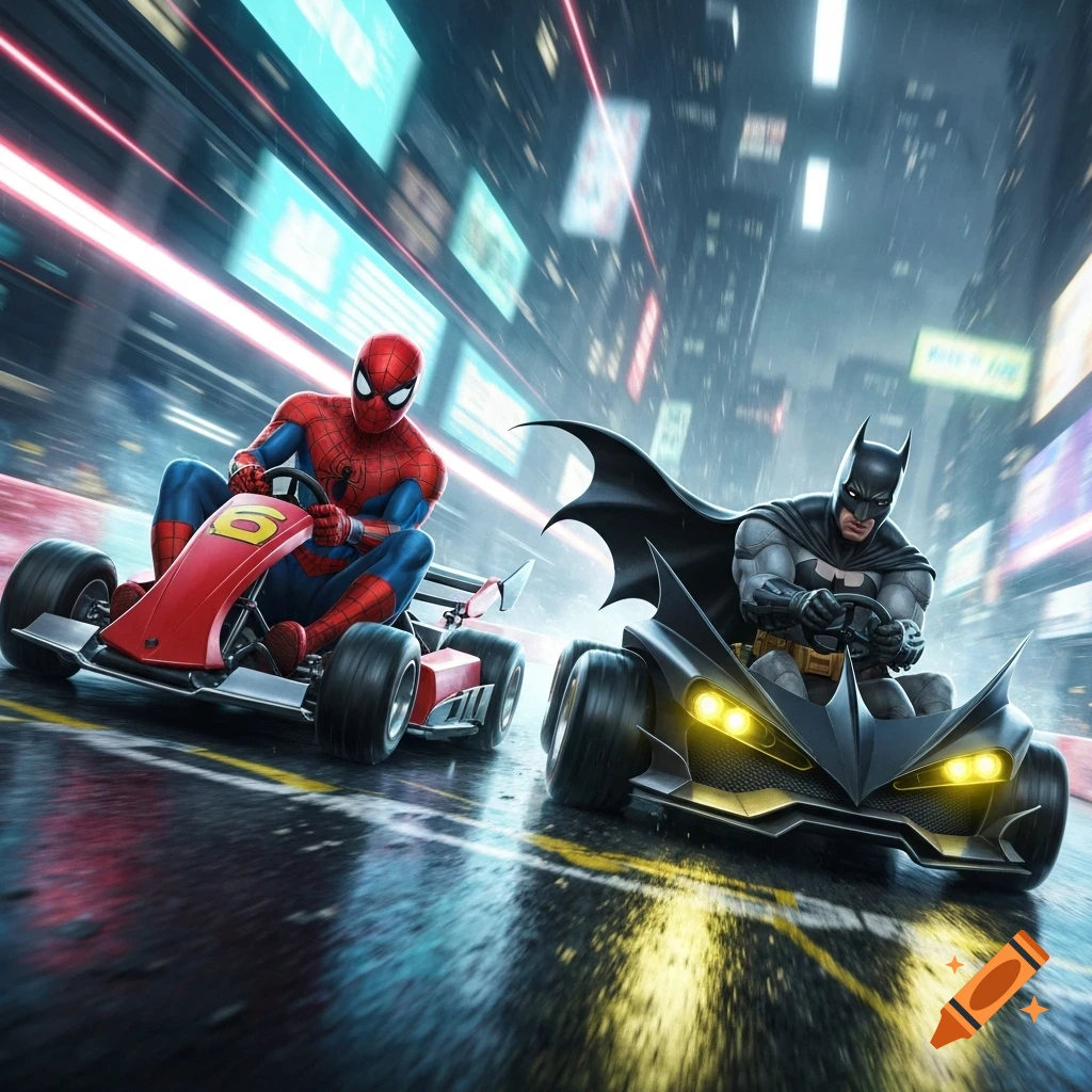Spider-Man and Batman race go-karts down a city street at night, with motion blur on the background buildings and lights.