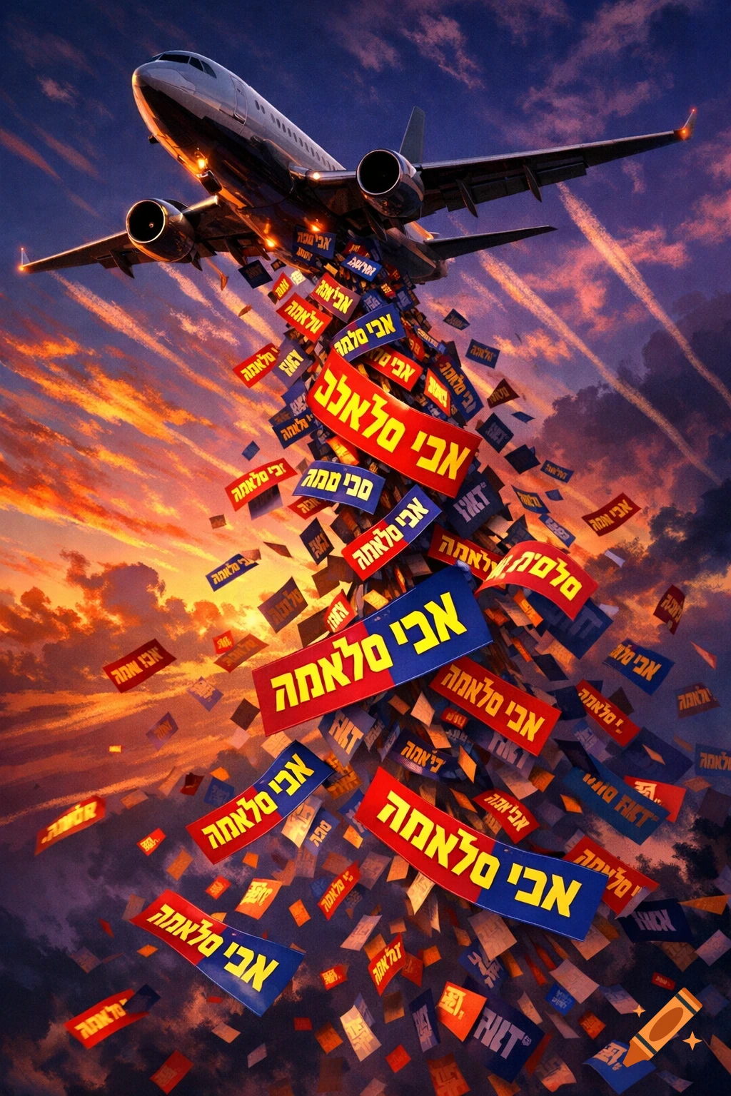 An airplane flies against a dramatic sunset sky, dropping numerous red and blue banners with Hebrew text.