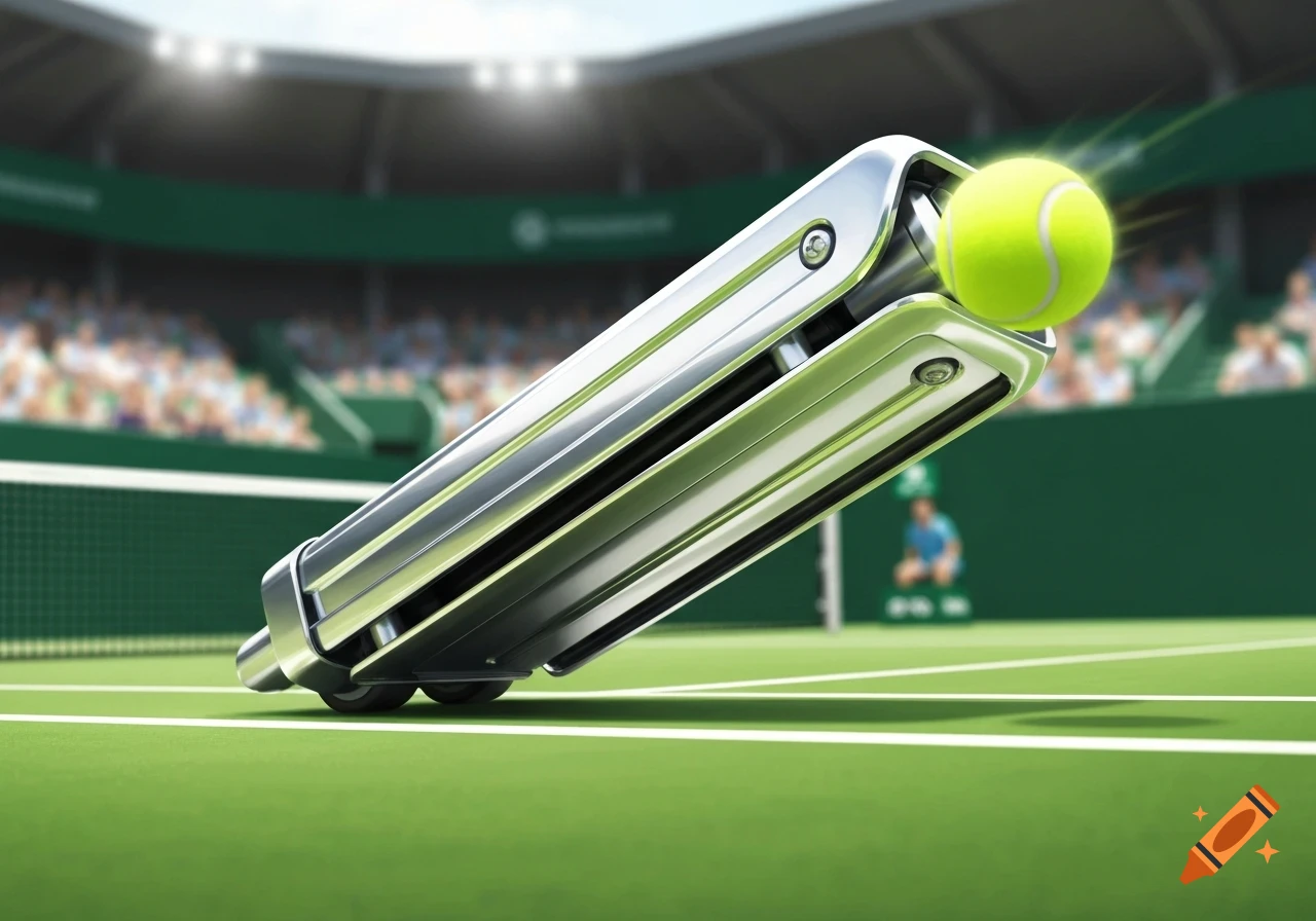 A shiny metal tennis ball machine shoots a bright yellow tennis ball across a green tennis court with blurred spectators.