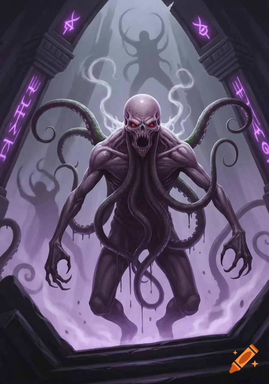 A monstrous, tentacled creature with a skeletal face and red eyes stands in a glowing purple chamber, surrounded by ancient runes. Dark fantasy art style.