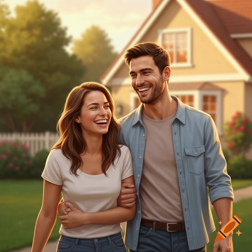 A happy young couple walks arm-in-arm past a house on a sunny day.