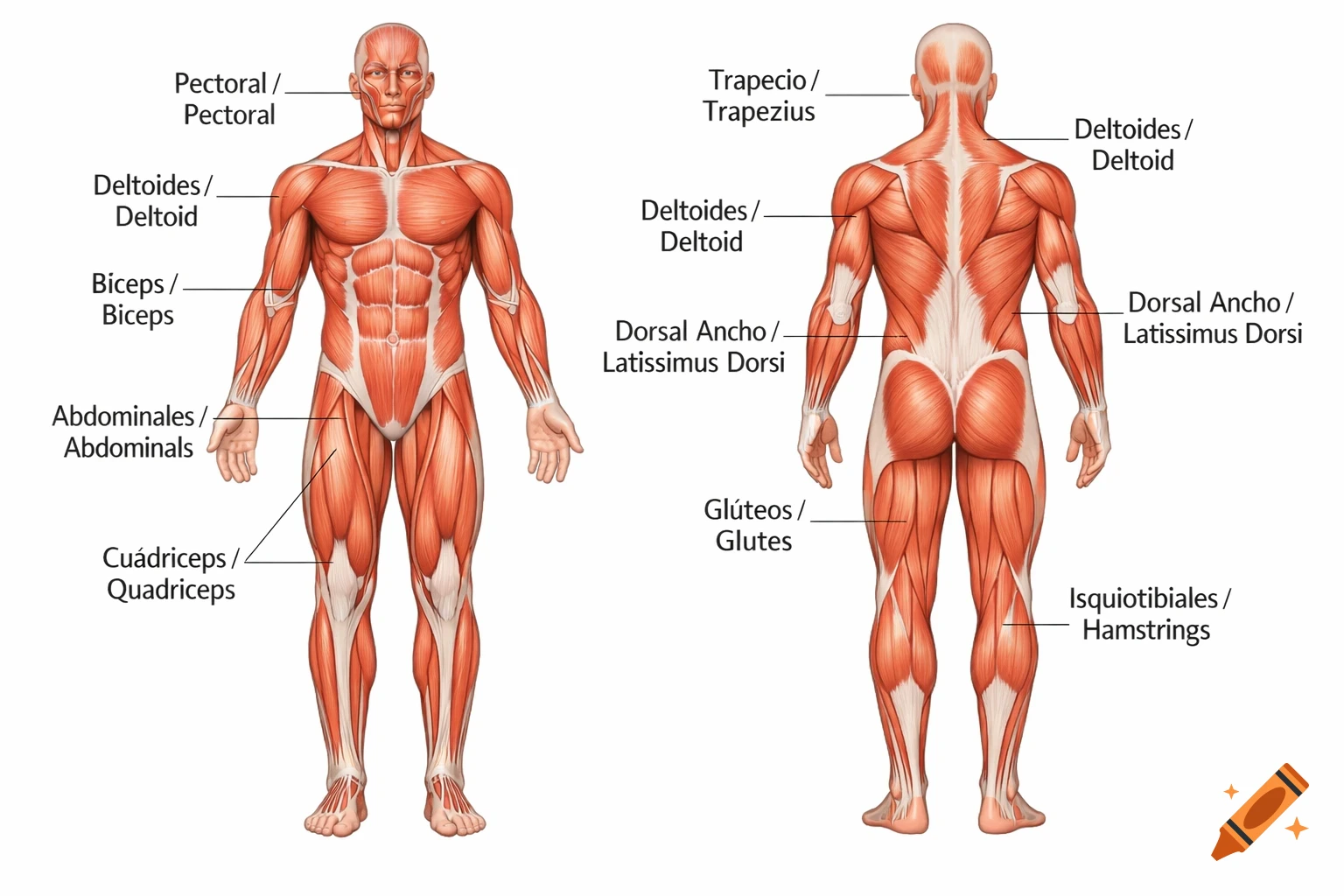 Anterior and posterior views of the human muscular system with muscle groups labeled in Spanish and English.