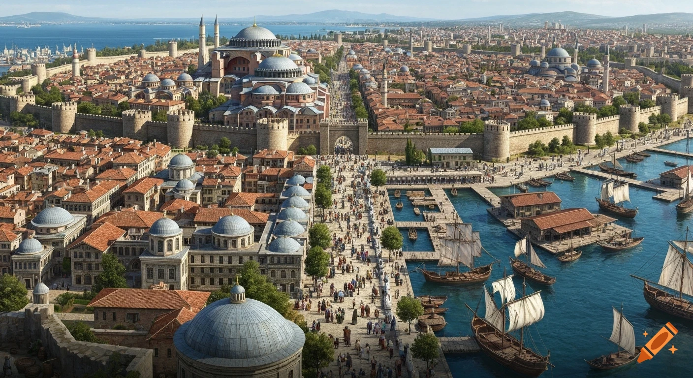 A wide, photorealistic panoramic view of ancient Constantinople, featuring the Hagia Sophia, fortified walls, a bustling city, and a harbor with many ships.