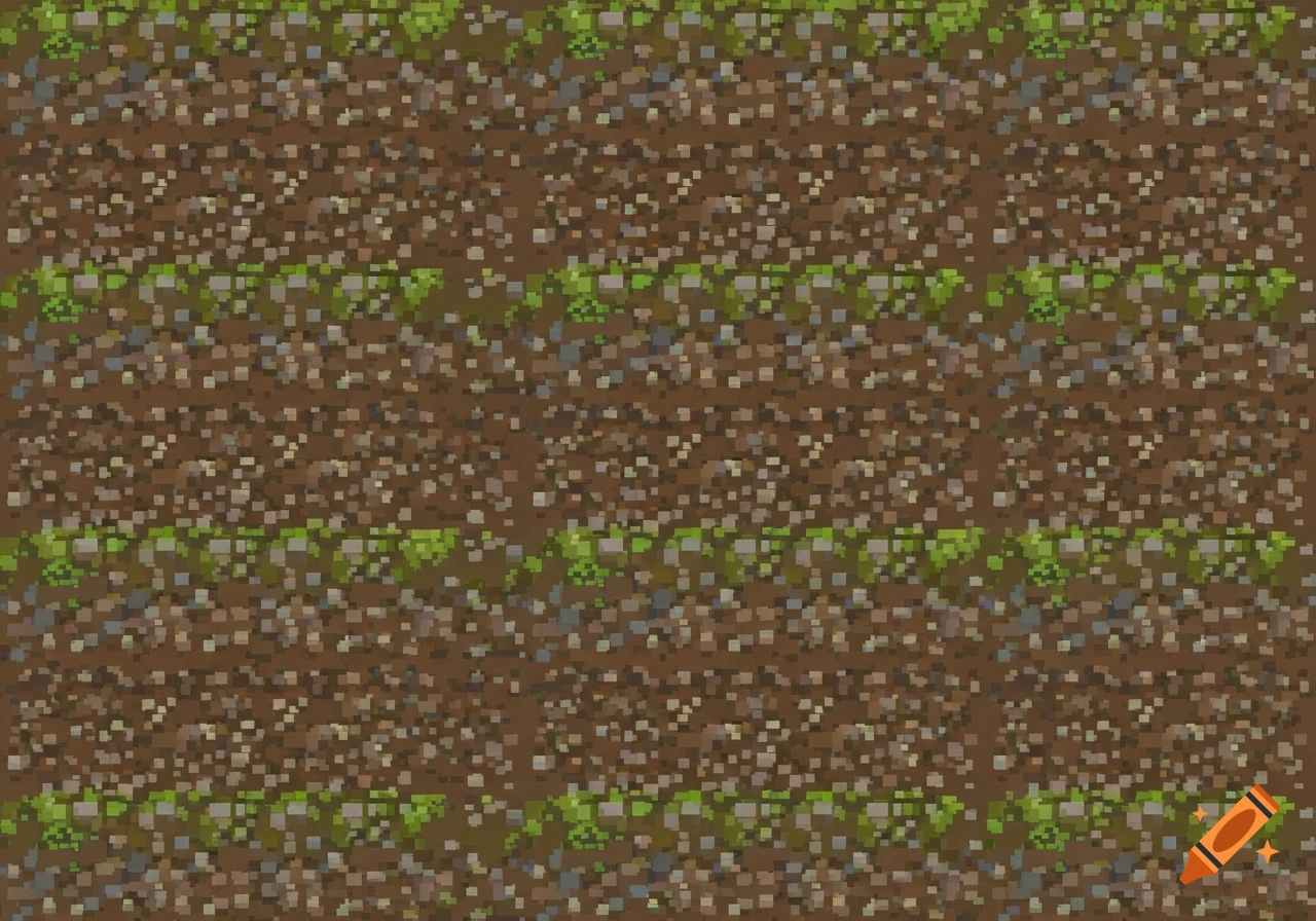 A repeating pixel art ground texture with brown dirt, gray rocks, and green patches of grass.