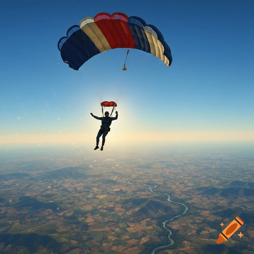 A skydiver with a colorful open parachute descends against a bright sun, high above a sprawling landscape with a winding river.