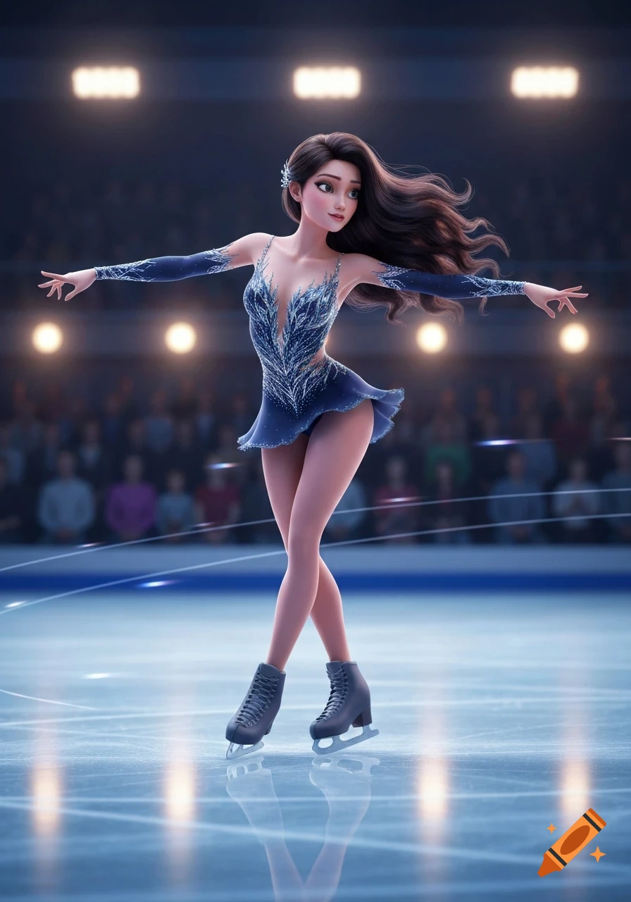 A brunette animated figure skater in a sparkling blue outfit performs on ice in a brightly lit arena.