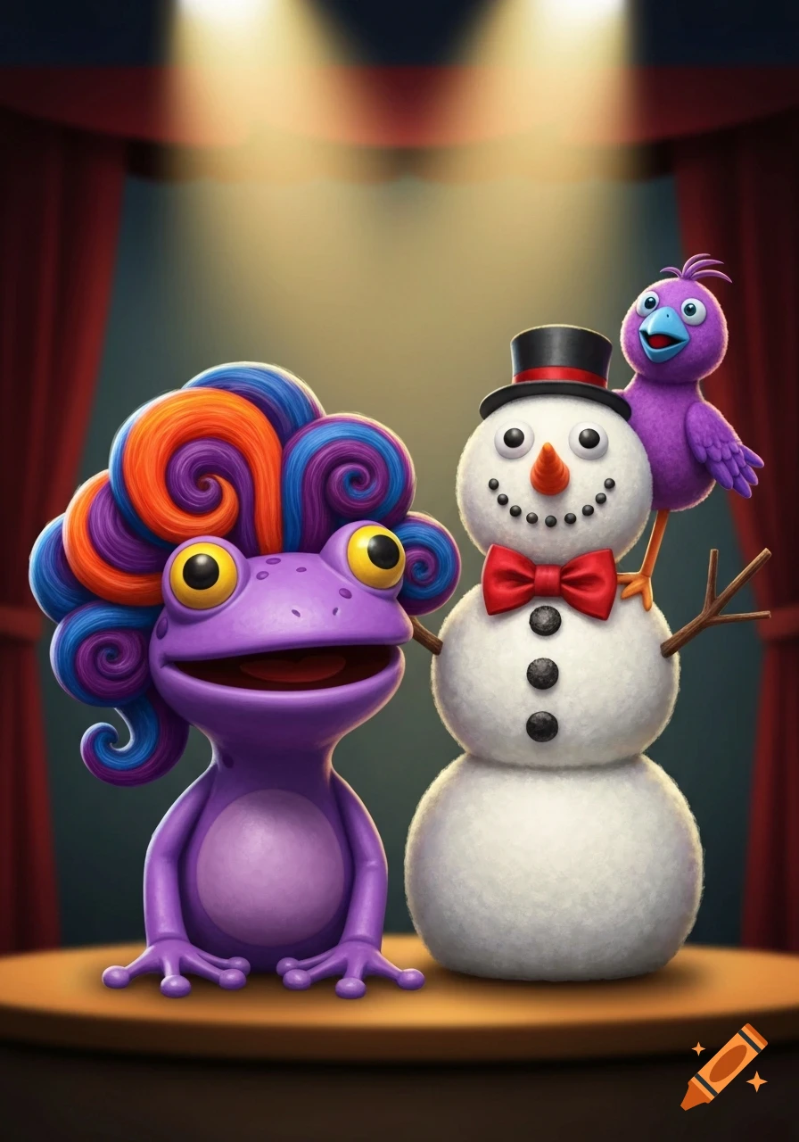 A whimsical purple frog with colorful curly hair, a snowman wearing a top hat and red bow tie, and a purple bird perched on the snowman's arm, all on a stage.
