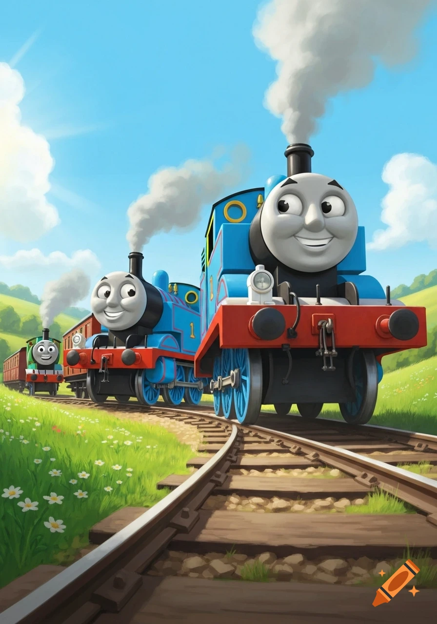 Three cartoon trains, including Thomas, smile while riding on tracks through sunny green hills under a blue sky.