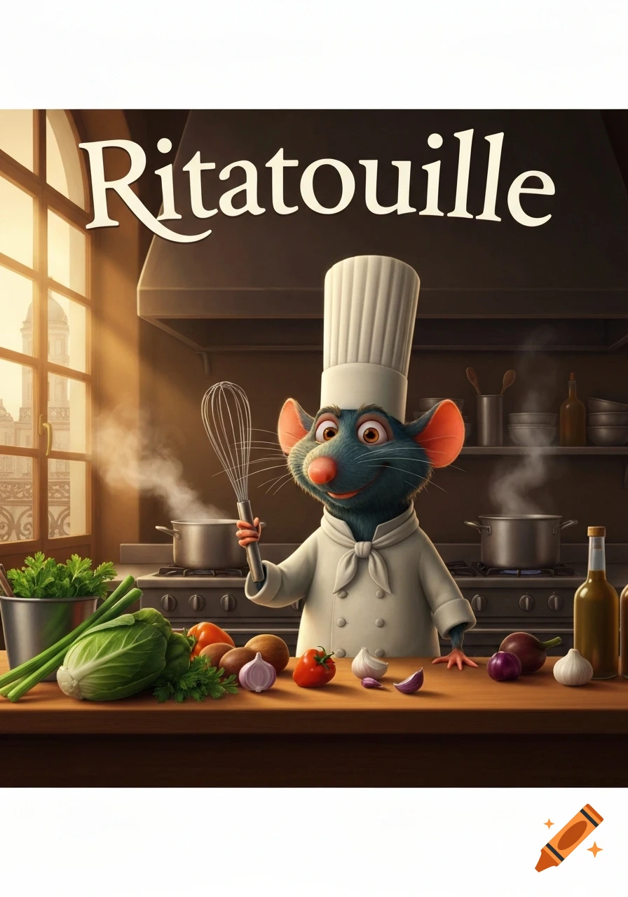 Animated movie poster of Remy the rat chef holding a whisk in a kitchen with vegetables and steaming pots, title 'Ritatouille'.