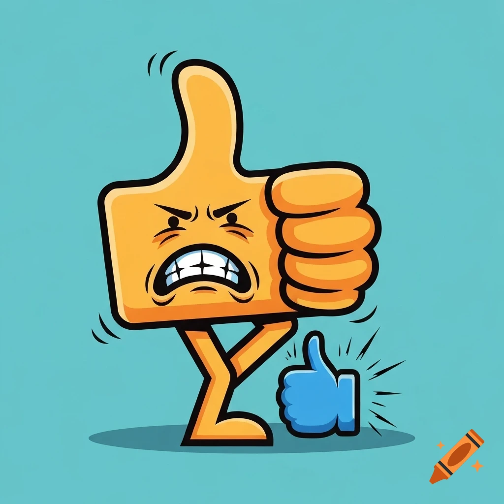 An angry orange thumbs-up cartoon character with legs stomps on a small blue thumbs-up icon.