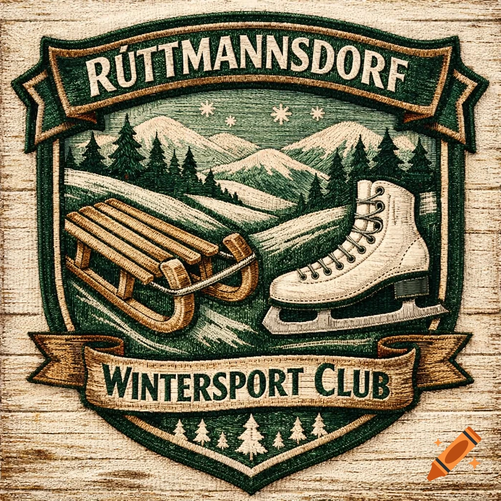 An embroidered emblem on wood for "R Úttmannsdorf Wintersport Club," featuring a sled, ice skate, snowy mountains, and pine trees.