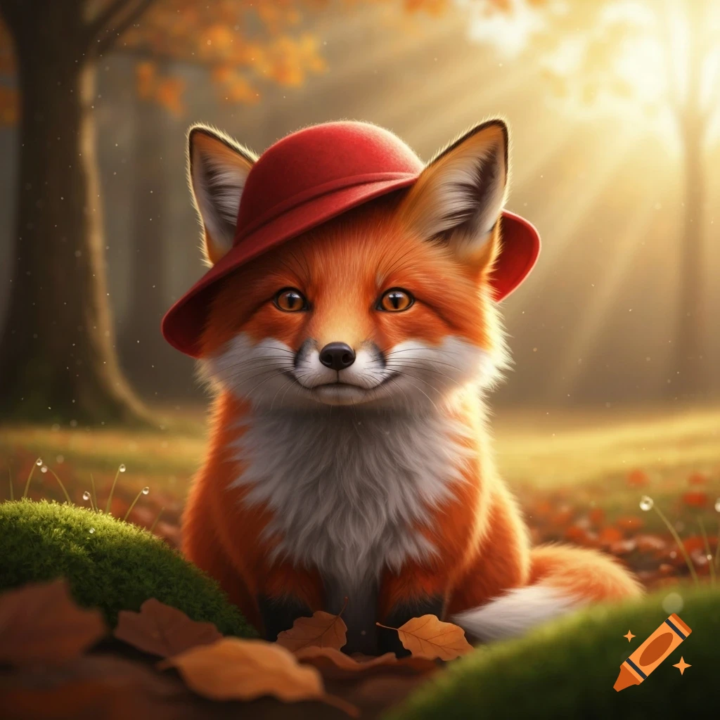 A cute, fluffy orange and white fox wearing a red hat sits smiling in an autumn forest with warm sunlight.
