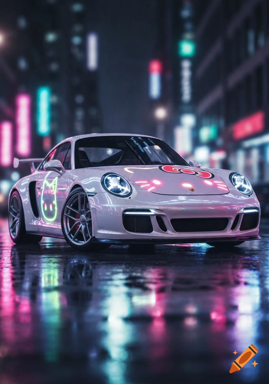 White Porsche with glowing pink and green Hello Kitty designs parked on a wet city street at night, reflecting neon lights.