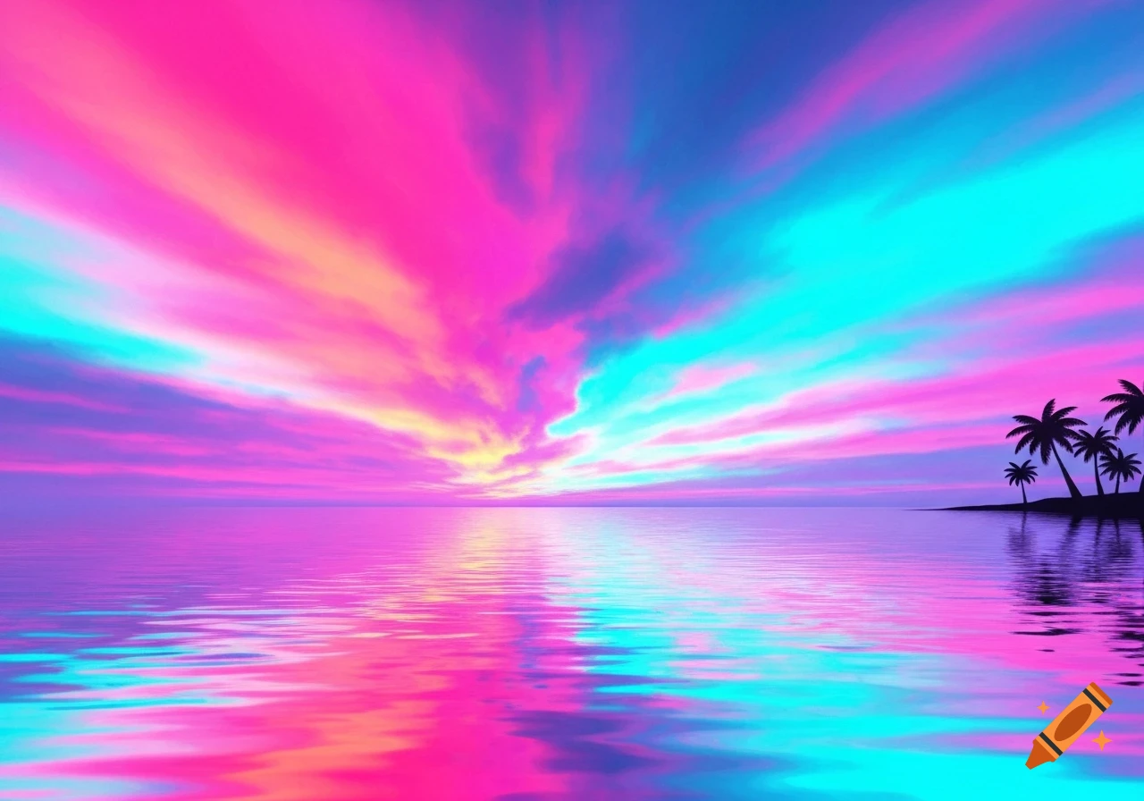 A vibrant neon pink, purple, and blue sunset over the ocean with silhouetted palm trees on a small island.