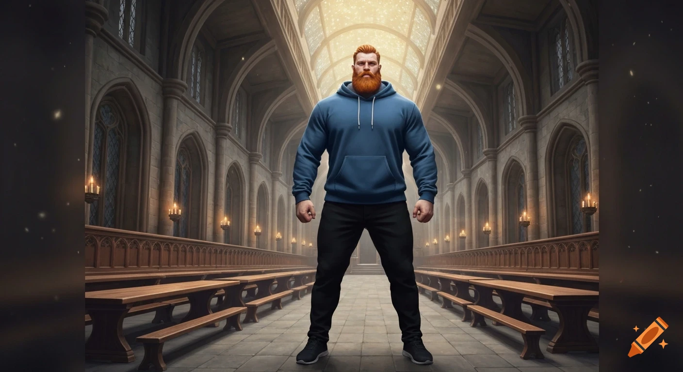 A muscular man with a ginger beard in a blue hoodie stands in a grand, empty hall with arched windows and long wooden tables.