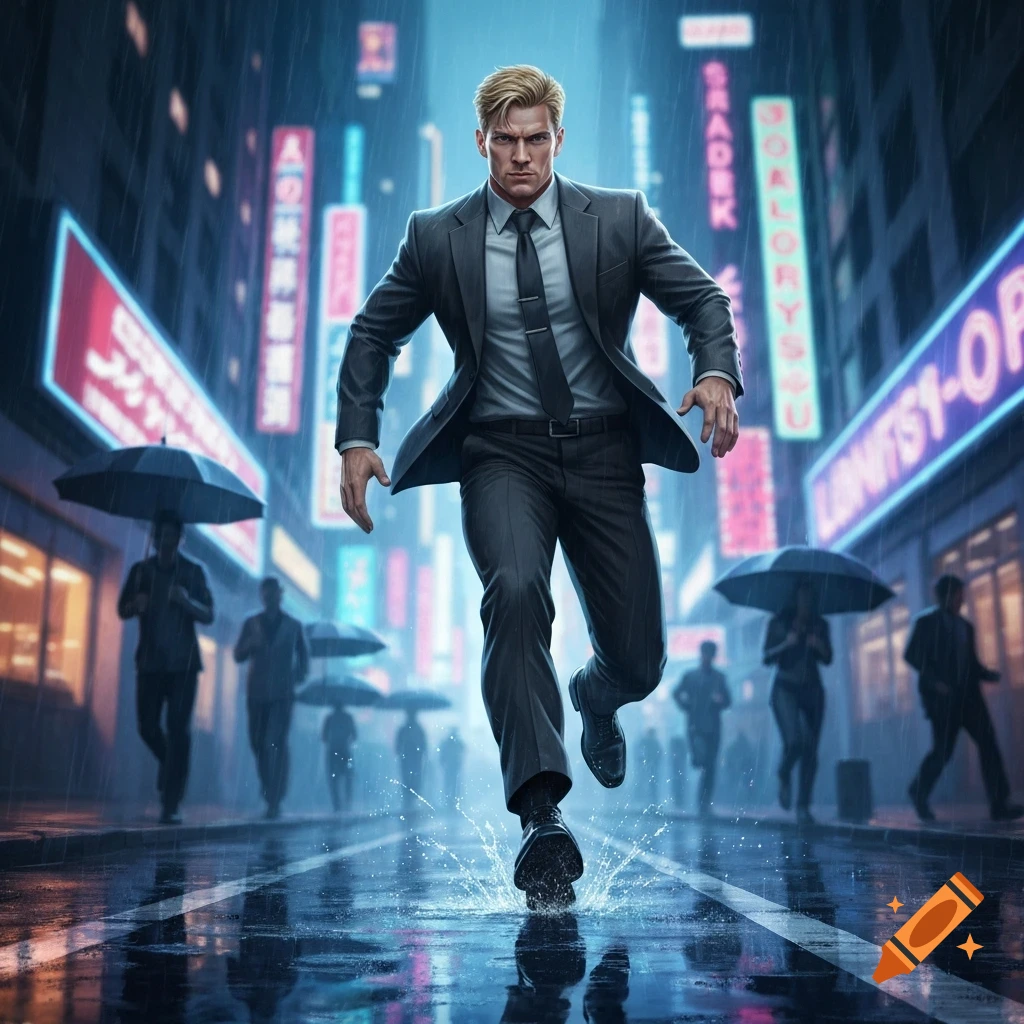 A blond man in a suit runs through a neon-lit city street in the rain, splashing water. Photorealistic style.
