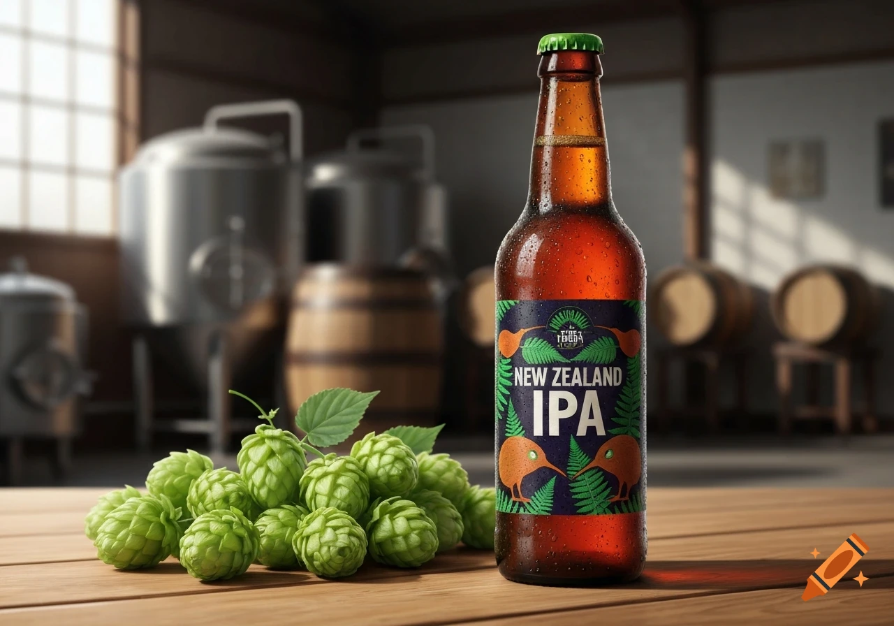 A cold bottle of New Zealand IPA beer with hops on a wooden table in a brewery.