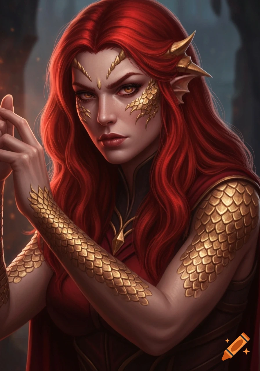 A detailed, semi-realistic portrait of a draconic sorceress with long red hair, gold scales on her cheekbones and forearms, and intense golden eyes.