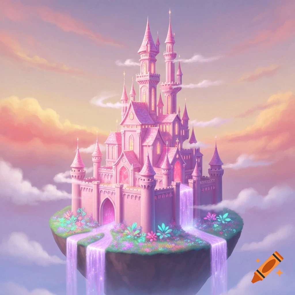 A large, ornate pink castle on a floating island, featuring glowing waterfalls and surrounded by pastel clouds at sunset.