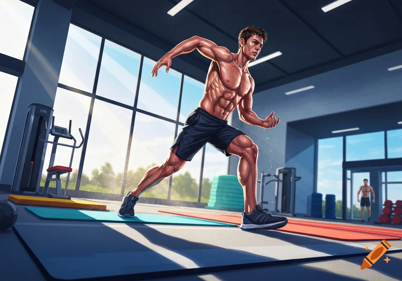 Muscular man in athletic shorts exercising on a mat in a brightly lit gym, with large windows and equipment, in an illustrated style.