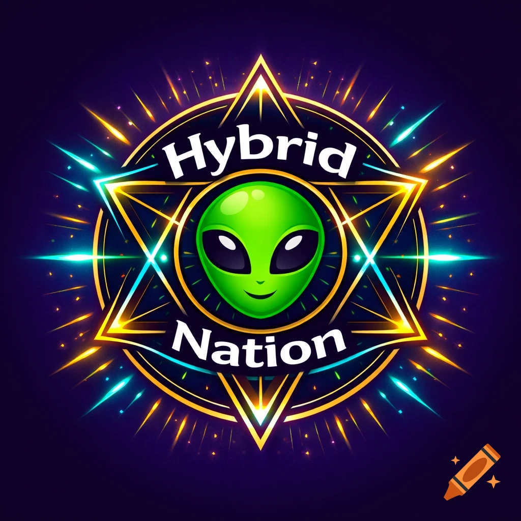 A round badge logo featuring 'Hybrid Nation' text around a green alien emoji, set within a glowing merkaba shape with colorful light beams.