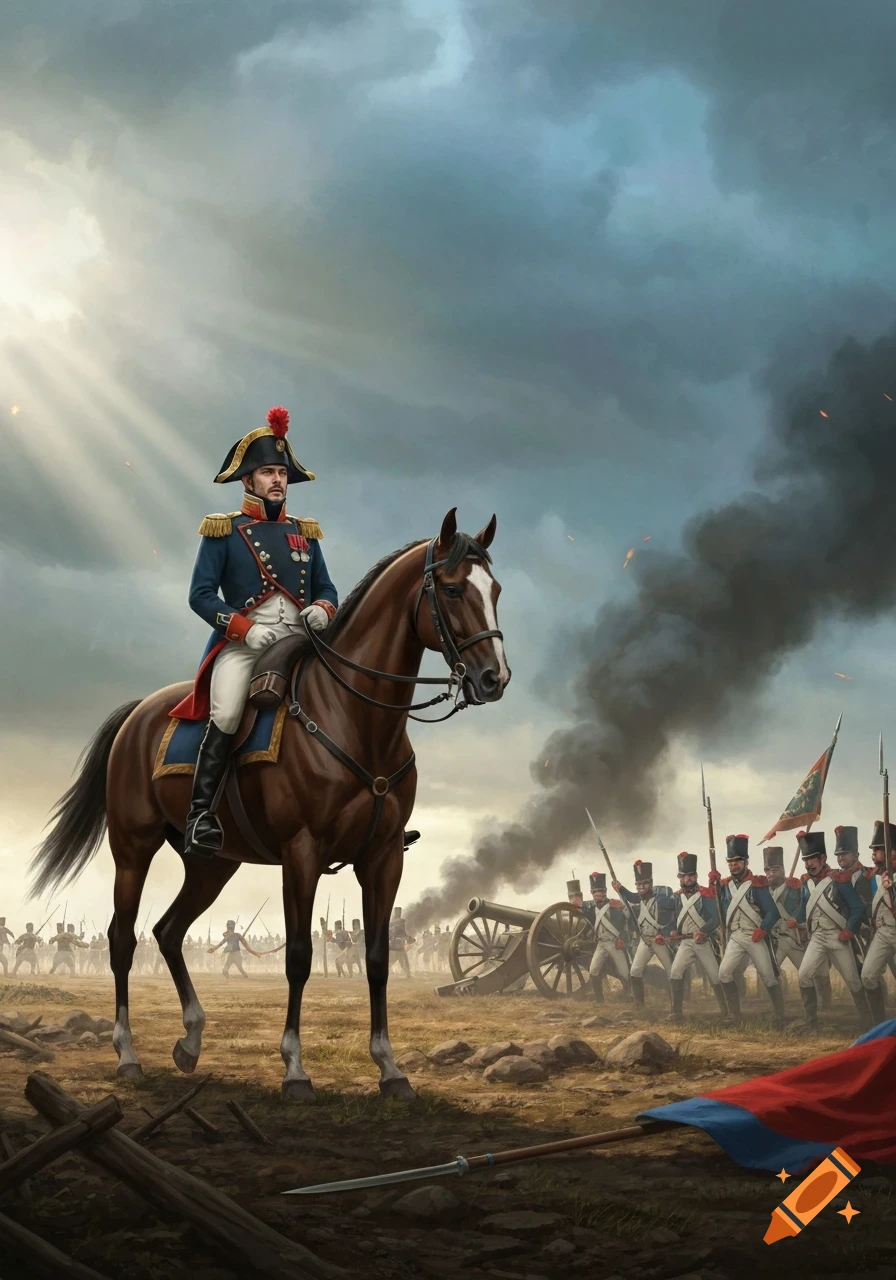 A Napoleonic general on a brown horse oversees a smoky battlefield with soldiers and cannons under dramatic skies.