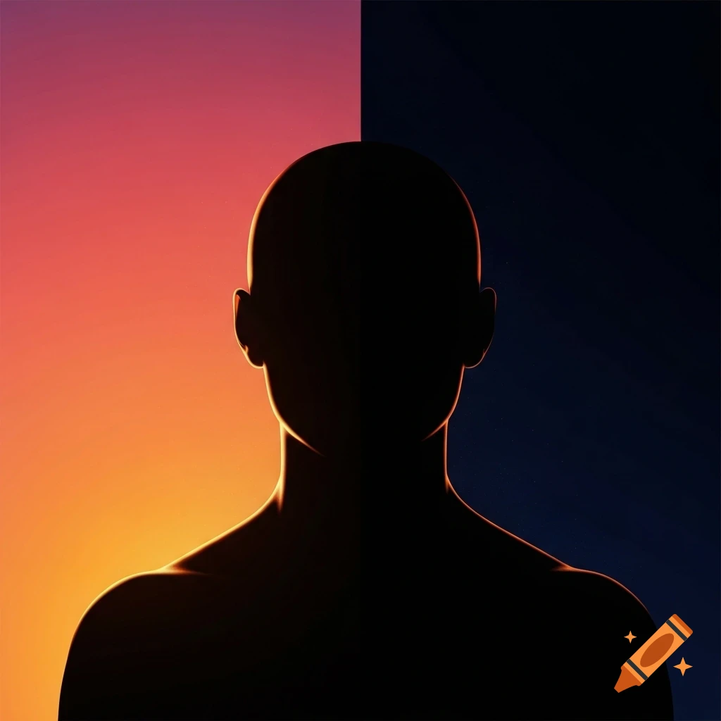 A minimalist silhouette of a bald person's head and shoulders, with orange and pink light on the left and dark blue on the right.